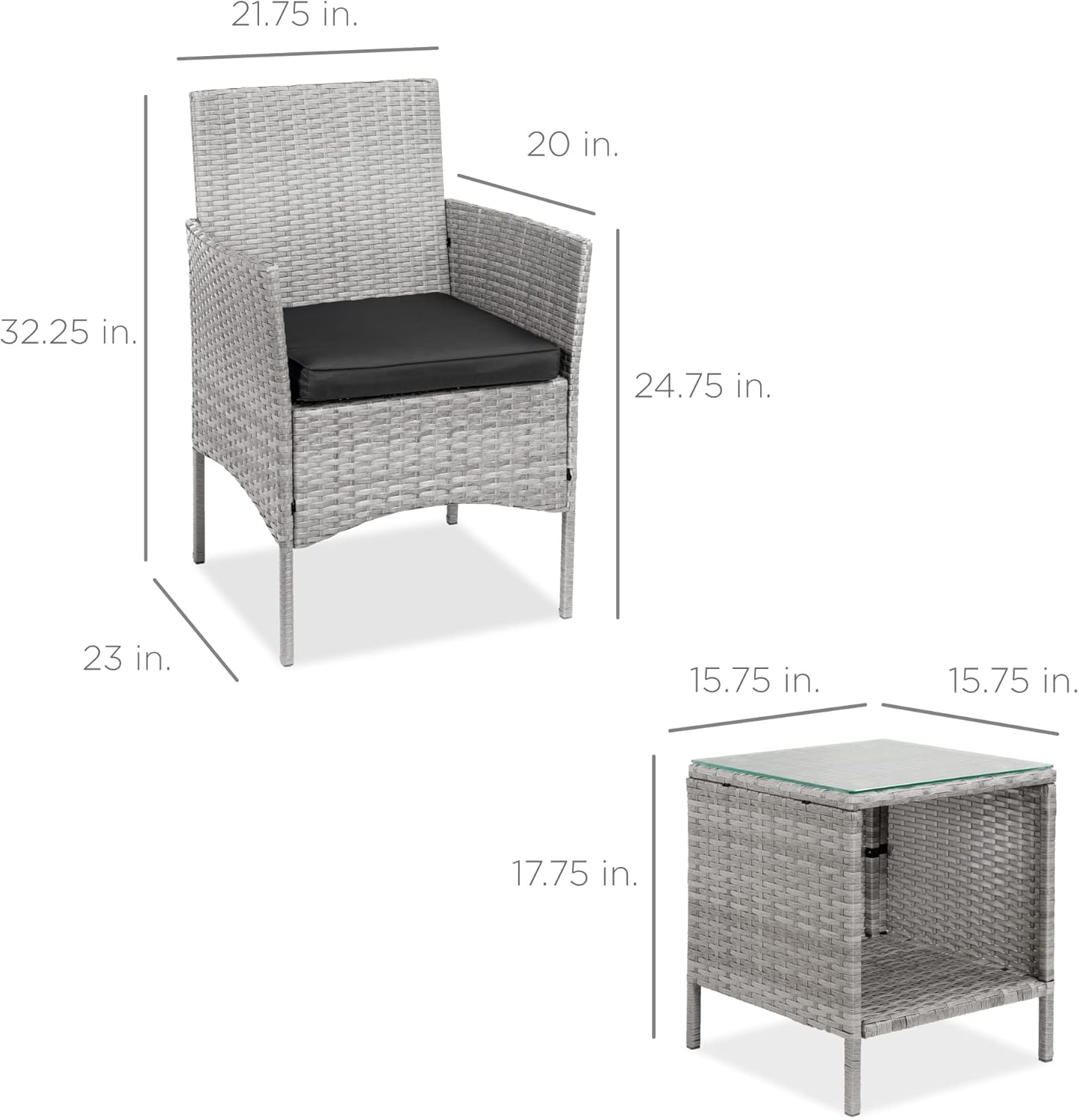 Best Choice Products 3-Piece Outdoor Wicker Conversation Bistro Set, Space Saving Patio Furniture for Yard, Garden w\/ 2 Chairs, 2 Cushions, Side Storage Table - Gray\/Black - Image 7