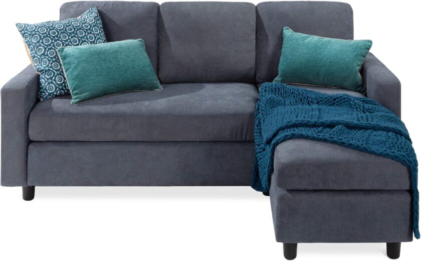 Best Choice Products Linen Sectional Sofa for Home, Apartment, Dorm, Bonus Room, Compact Spaces w\/Chaise Lounge, 3-Seat, L-Shape Design, Reversible Ottoman Bench, 680lb Capacity - Blue\/Gray