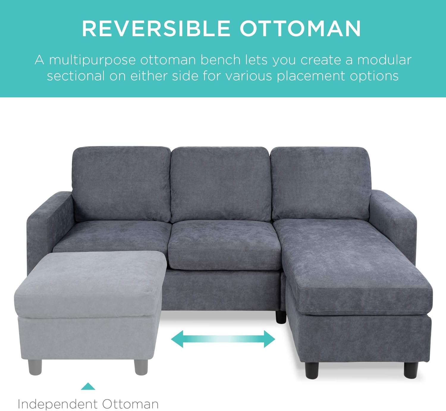 Best Choice Products Linen Sectional Sofa for Home, Apartment, Dorm, Bonus Room, Compact Spaces w\/Chaise Lounge, 3-Seat, L-Shape Design, Reversible Ottoman Bench, 680lb Capacity - Blue\/Gray - Image 2