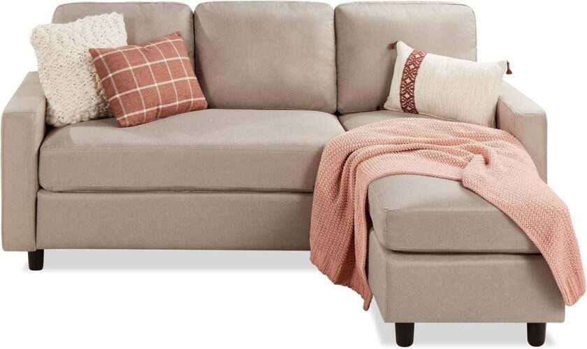 Best Choice Products Linen Sectional Sofa for Home, Apartment, Dorm, Bonus Room, Compact Spaces w\/Chaise Lounge, 3-Seat, L-Shape Design, Reversible Ottoman Bench, 680lb Capacity - Blue\/Gray - Image 9