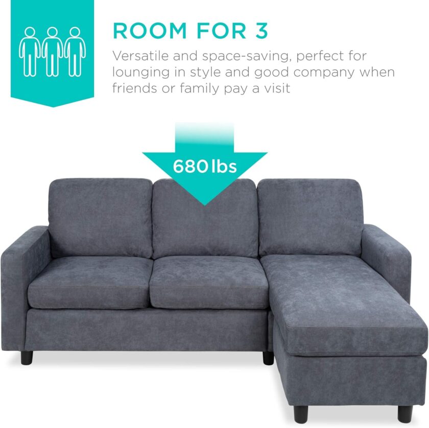 Best Choice Products Linen Sectional Sofa for Home, Apartment, Dorm, Bonus Room, Compact Spaces w\/Chaise Lounge, 3-Seat, L-Shape Design, Reversible Ottoman Bench, 680lb Capacity - Blue\/Gray - Image 5