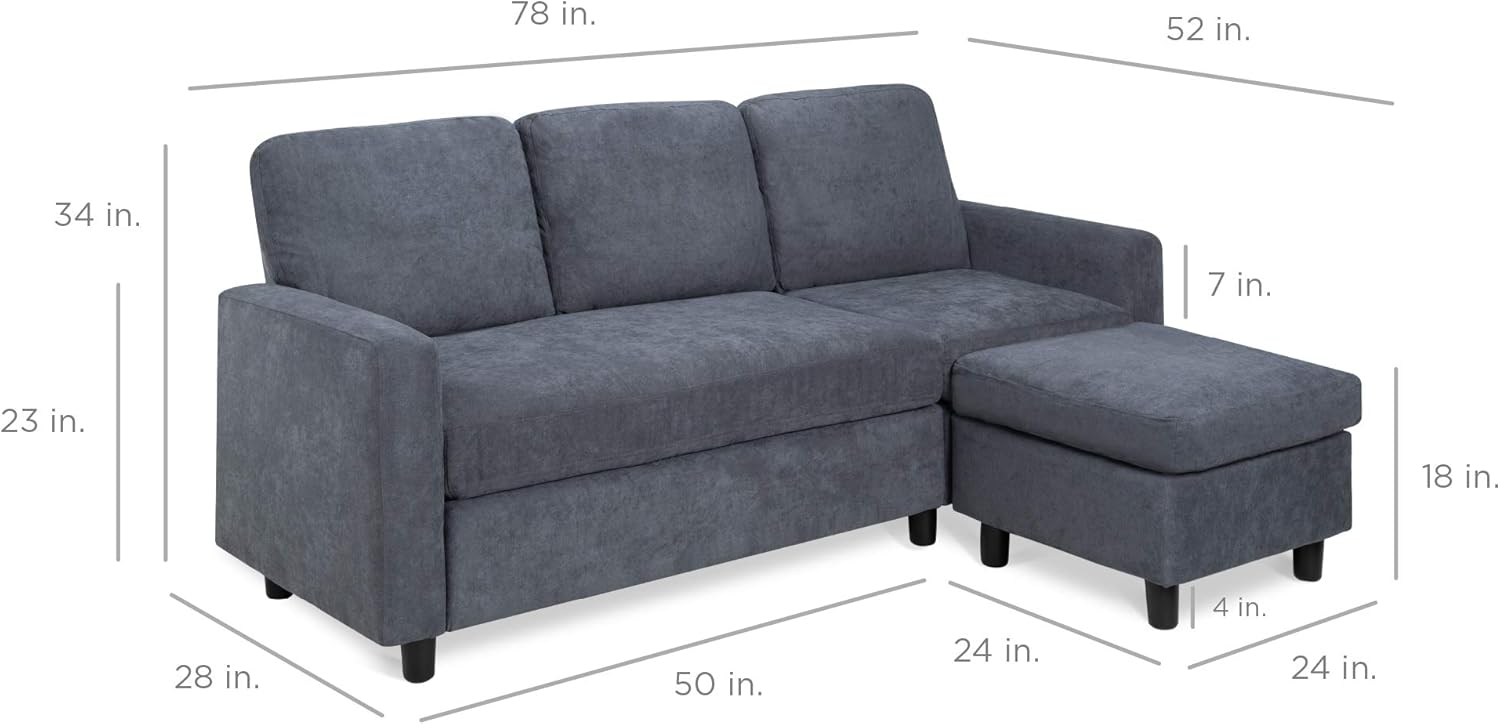 Best Choice Products Linen Sectional Sofa for Home, Apartment, Dorm, Bonus Room, Compact Spaces w\/Chaise Lounge, 3-Seat, L-Shape Design, Reversible Ottoman Bench, 680lb Capacity - Blue\/Gray - Image 7