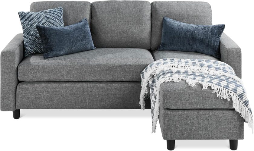 Best Choice Products Linen Sectional Sofa for Home, Apartment, Dorm, Bonus Room, Compact Spaces w\/Chaise Lounge, 3-Seat, L-Shape Design, Reversible Ottoman Bench, 680lb Capacity - Blue\/Gray - Image 8