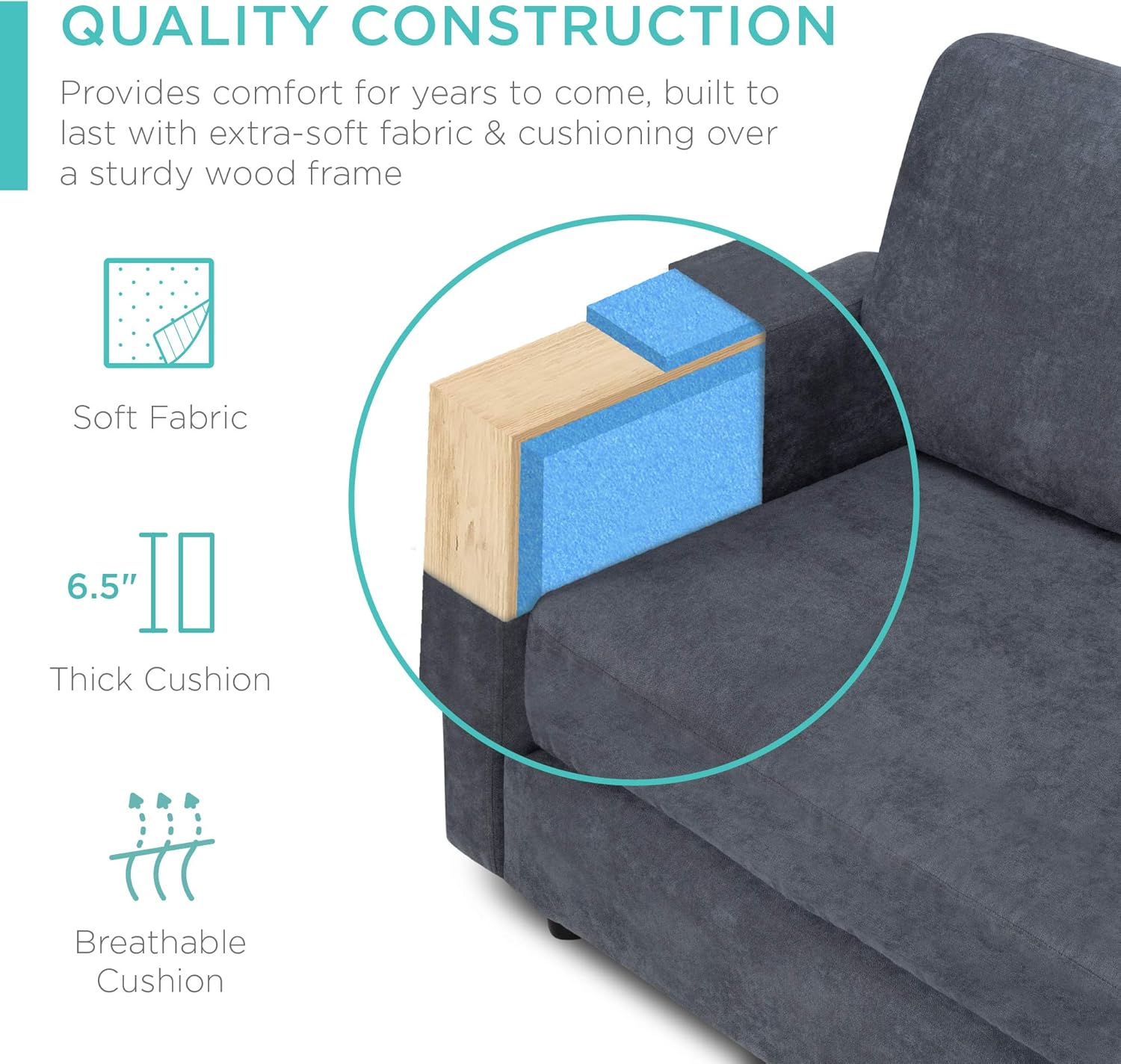 Best Choice Products Linen Sectional Sofa for Home, Apartment, Dorm, Bonus Room, Compact Spaces w\/Chaise Lounge, 3-Seat, L-Shape Design, Reversible Ottoman Bench, 680lb Capacity - Blue\/Gray - Image 4