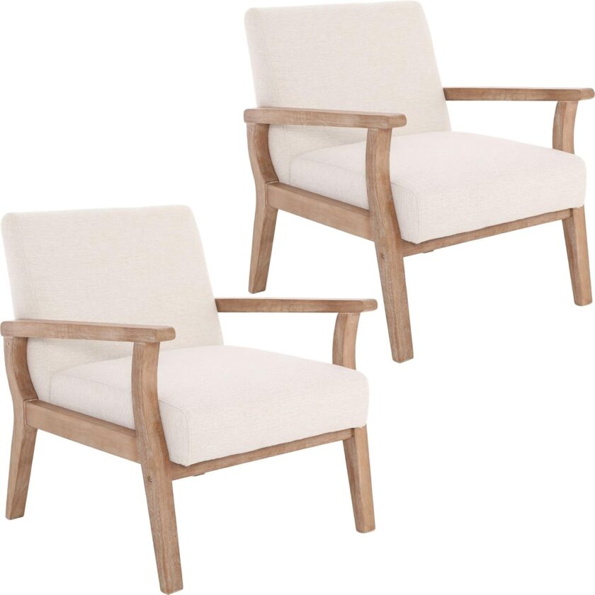 BESTANO Mid Century Modern Accent Chair, Linen Upholstered Living Room Accent Armchair with Wood Frame, Farmhouse Chair Indoor Corner Chair for Living Room Bedroom, Ivory - Image 11