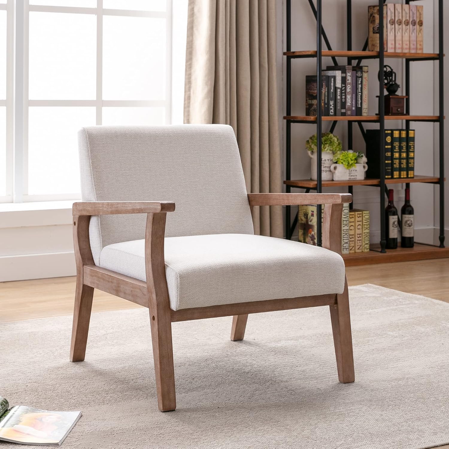 BESTANO Mid Century Modern Accent Chair, Linen Upholstered Living Room Accent Armchair with Wood Frame, Farmhouse Chair Indoor Corner Chair for Living Room Bedroom, Ivory - Image 2