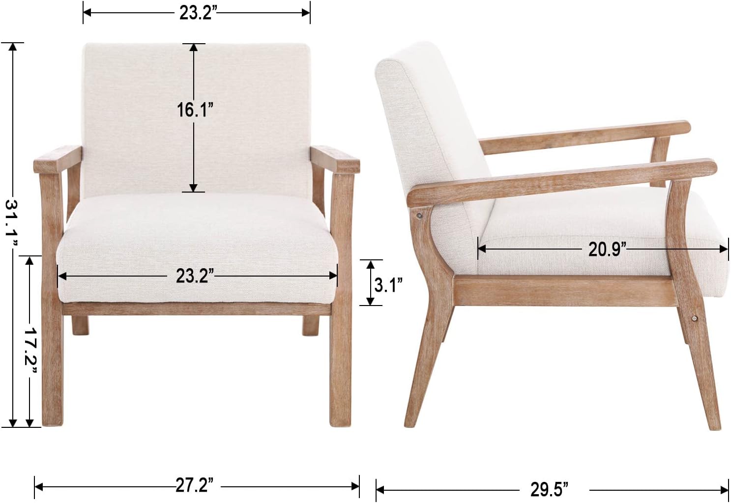 BESTANO Mid Century Modern Accent Chair, Linen Upholstered Living Room Accent Armchair with Wood Frame, Farmhouse Chair Indoor Corner Chair for Living Room Bedroom, Ivory - Image 3