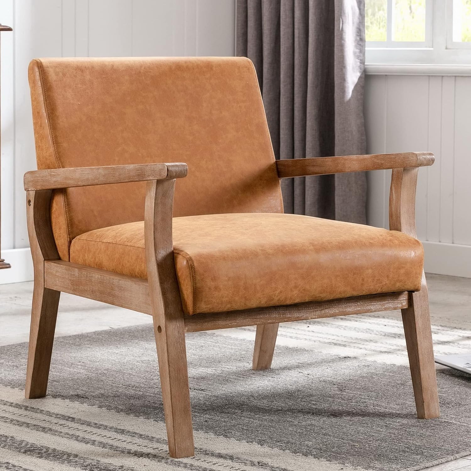 BESTANO Mid Century Modern Accent Chair, Linen Upholstered Living Room Accent Armchair with Wood Frame, Farmhouse Chair Indoor Corner Chair for Living Room Bedroom, Ivory - Image 9