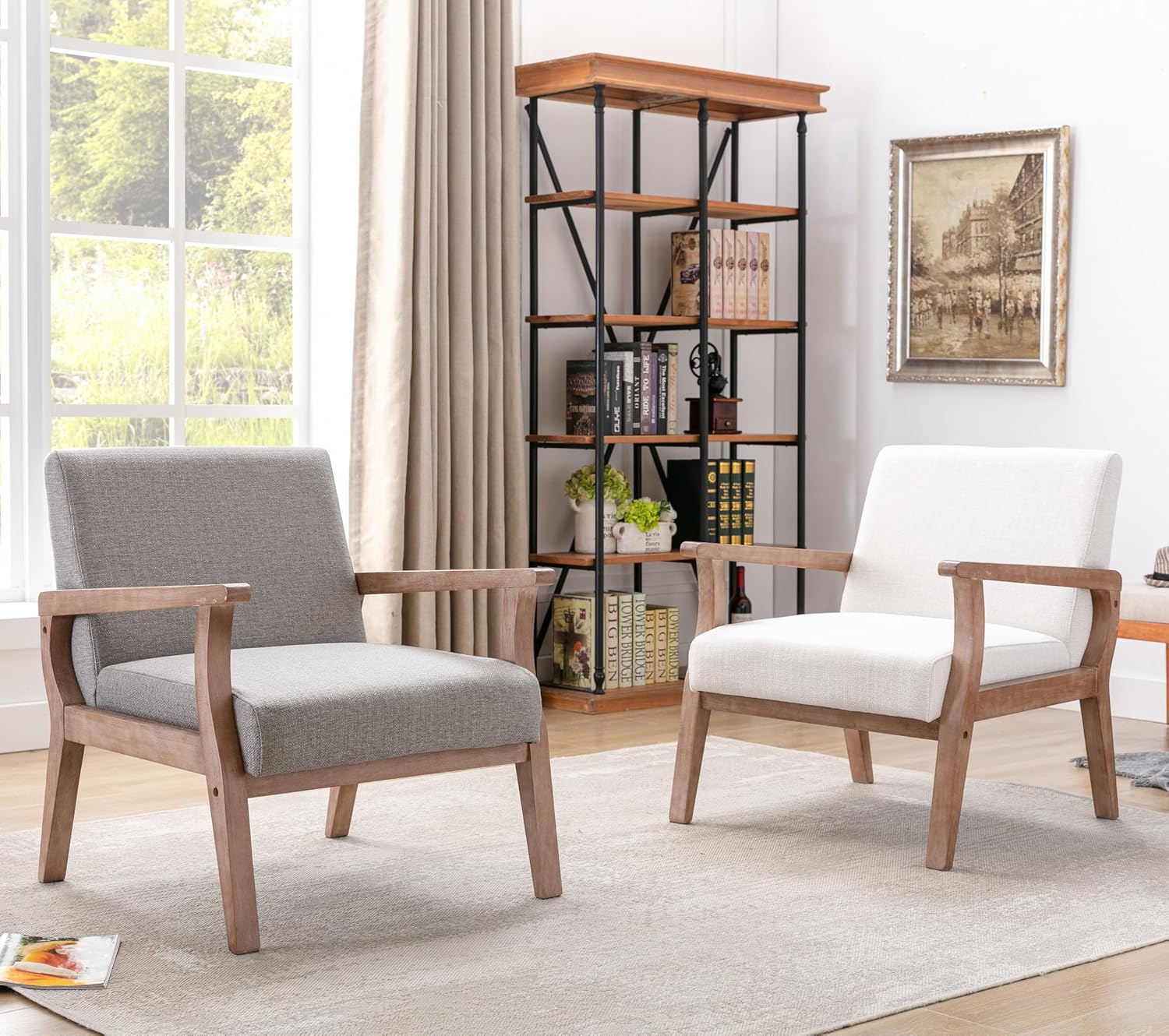 BESTANO Mid Century Modern Accent Chair, Linen Upholstered Living Room Accent Armchair with Wood Frame, Farmhouse Chair Indoor Corner Chair for Living Room Bedroom, Ivory - Image 6