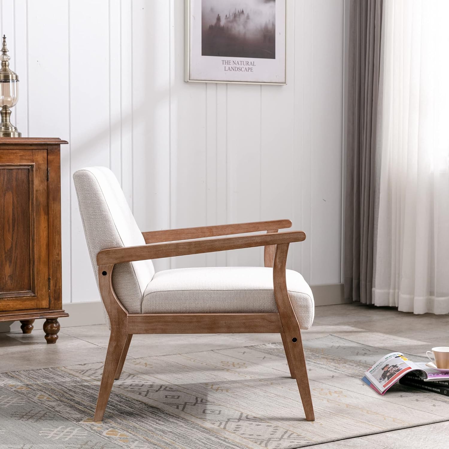 BESTANO Mid Century Modern Accent Chair, Linen Upholstered Living Room Accent Armchair with Wood Frame, Farmhouse Chair Indoor Corner Chair for Living Room Bedroom, Ivory - Image 5