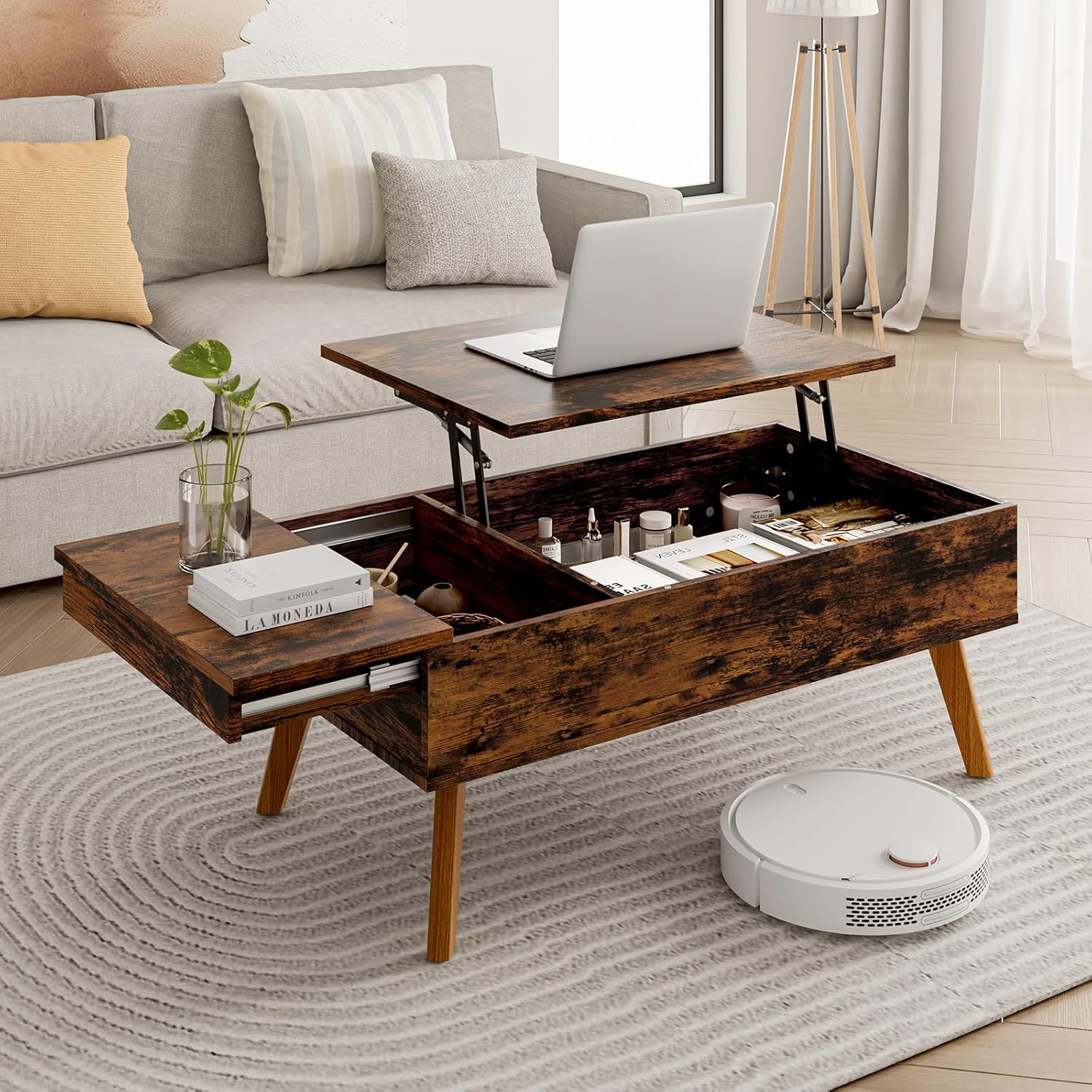 Bidiso Lift Top Coffee Table, Easy-to-Assembly Center Table with Hidden Storage Compartment, Modern Dining Table for Living Room Reception\/Home Office, Walnut - Image 15