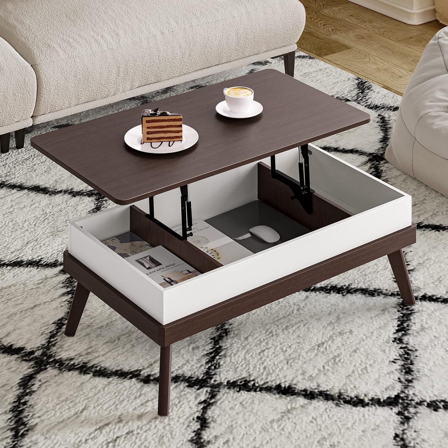 Bidiso Lift Top Coffee Table, Easy-to-Assembly Center Table with Hidden Storage Compartment, Modern Dining Table for Living Room Reception\/Home Office, Walnut - Image 13