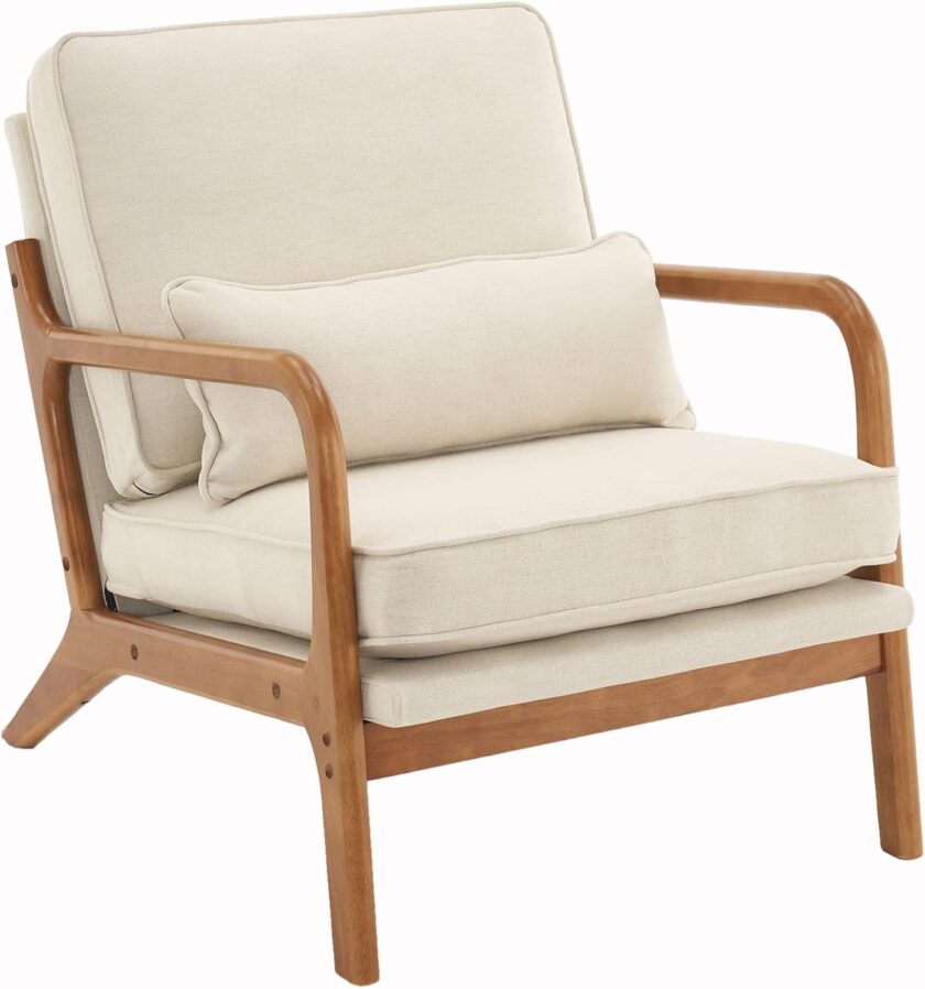 Bonnlo Beige Accent Chairs Set of 2, Upholstered Mid Century Modern Lounge Fabric Chairs Reading Chairs Side Sitting Chair Solid Wood Farmhouse Armchairs for Living Room, Bedroom, Guest Room - Image 8