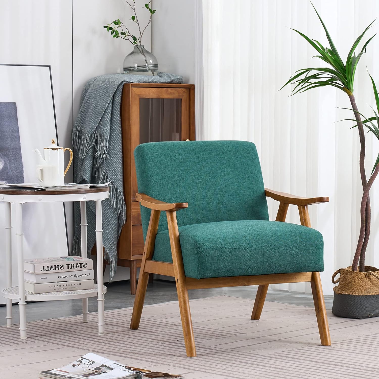 Bonnlo Beige Accent Chairs Set of 2, Upholstered Mid Century Modern Lounge Fabric Chairs Reading Chairs Side Sitting Chair Solid Wood Farmhouse Armchairs for Living Room, Bedroom, Guest Room - Image 10