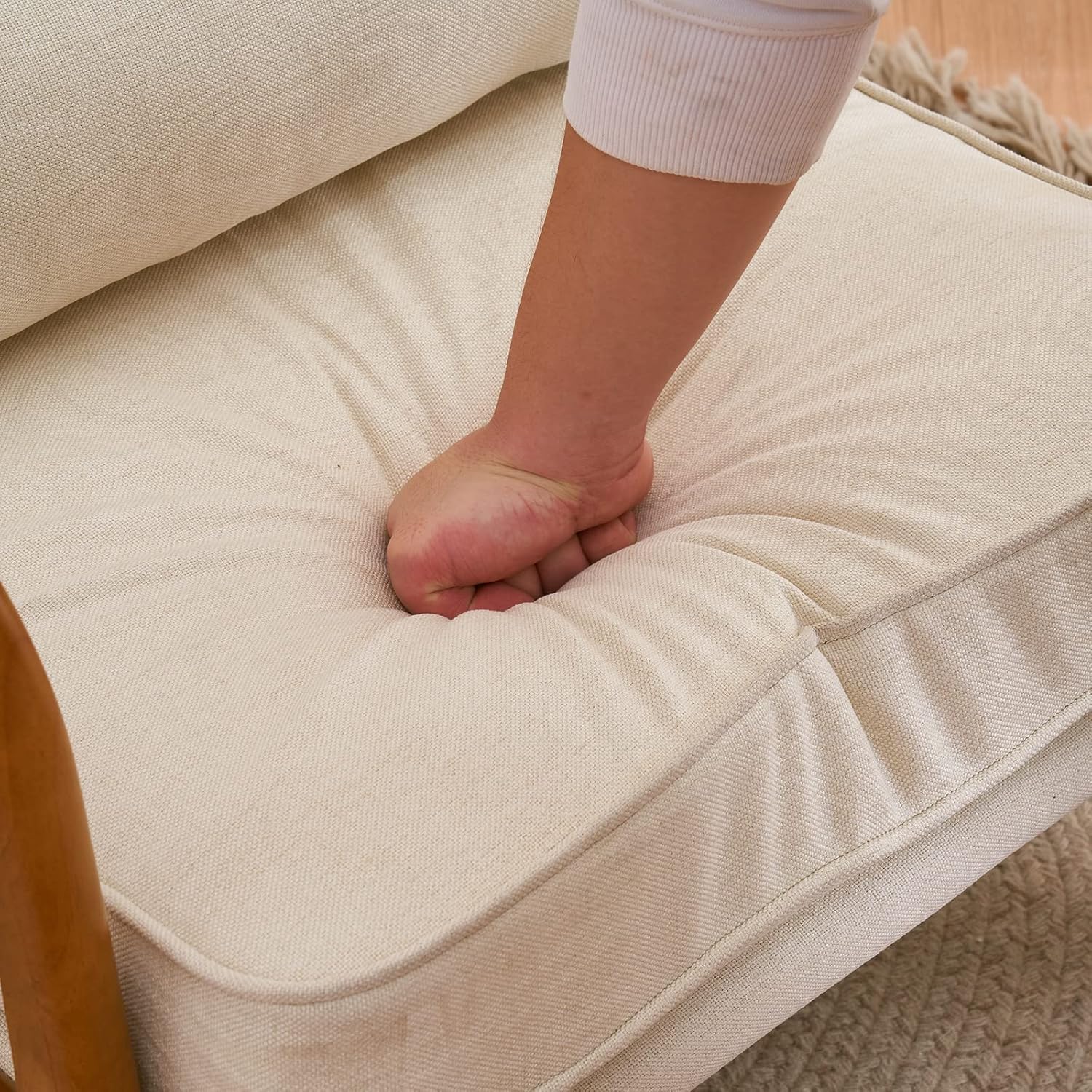 Bonnlo Beige Accent Chairs Set of 2, Upholstered Mid Century Modern Lounge Fabric Chairs Reading Chairs Side Sitting Chair Solid Wood Farmhouse Armchairs for Living Room, Bedroom, Guest Room - Image 3