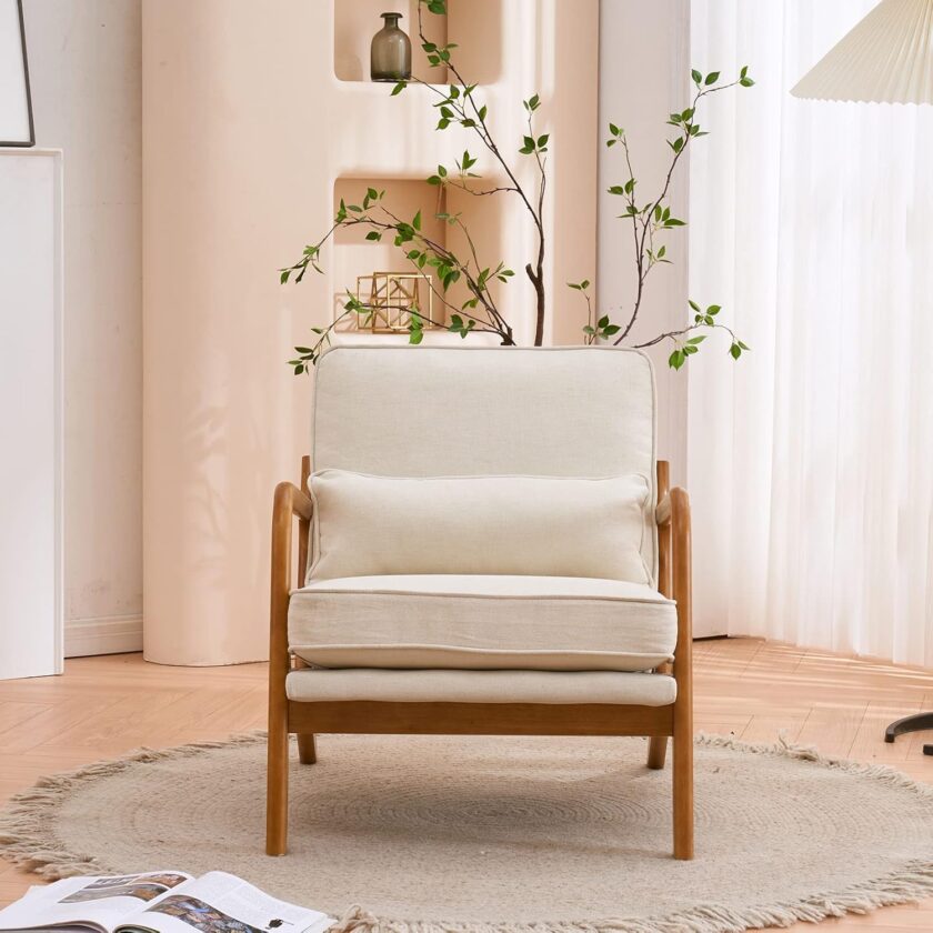 Bonnlo Beige Accent Chairs Set of 2, Upholstered Mid Century Modern Lounge Fabric Chairs Reading Chairs Side Sitting Chair Solid Wood Farmhouse Armchairs for Living Room, Bedroom, Guest Room - Image 6