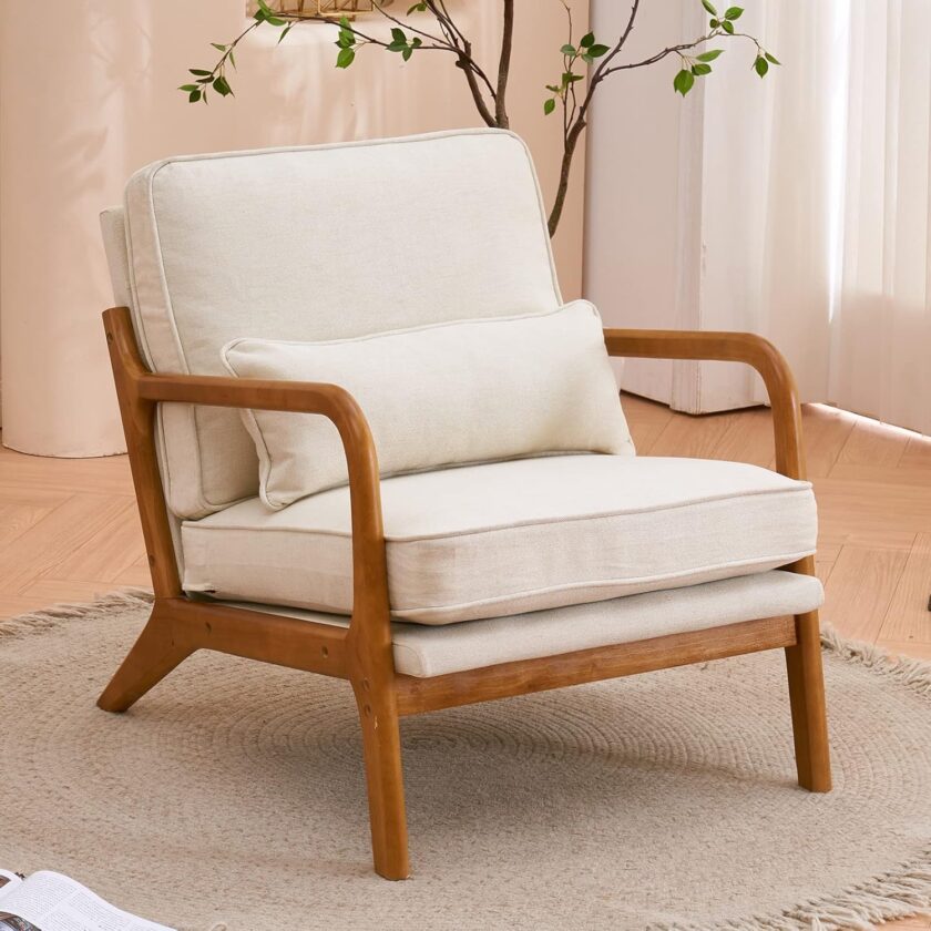 Bonnlo Beige Accent Chairs Set of 2, Upholstered Mid Century Modern Lounge Fabric Chairs Reading Chairs Side Sitting Chair Solid Wood Farmhouse Armchairs for Living Room, Bedroom, Guest Room - Image 5