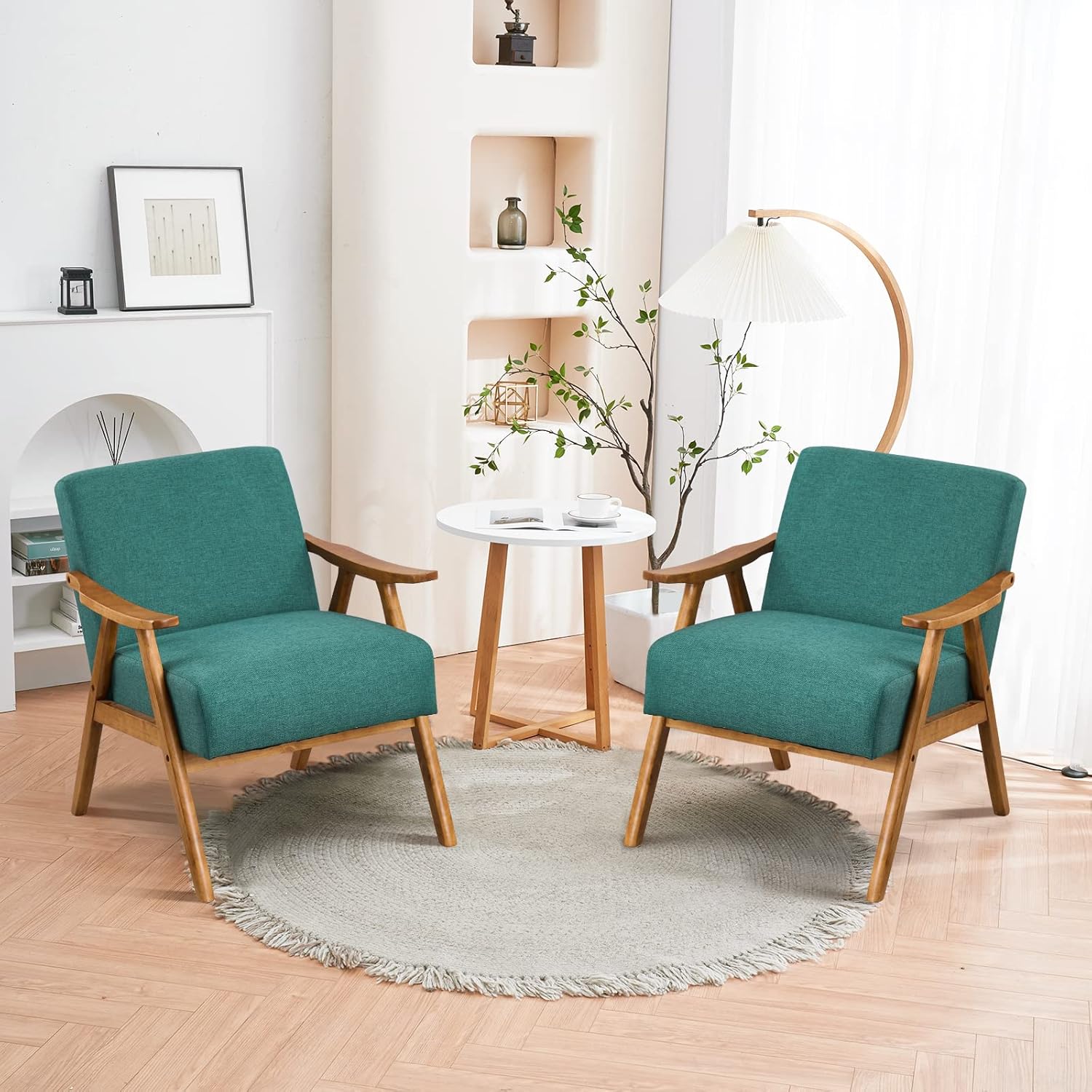 Bonnlo Beige Accent Chairs Set of 2, Upholstered Mid Century Modern Lounge Fabric Chairs Reading Chairs Side Sitting Chair Solid Wood Farmhouse Armchairs for Living Room, Bedroom, Guest Room - Image 12