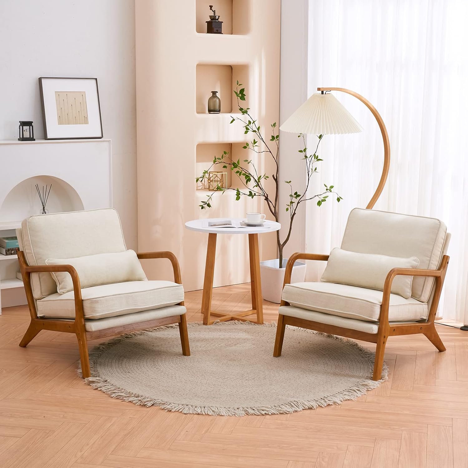 Bonnlo Beige Accent Chairs Set of 2, Upholstered Mid Century Modern Lounge Fabric Chairs Reading Chairs Side Sitting Chair Solid Wood Farmhouse Armchairs for Living Room, Bedroom, Guest Room