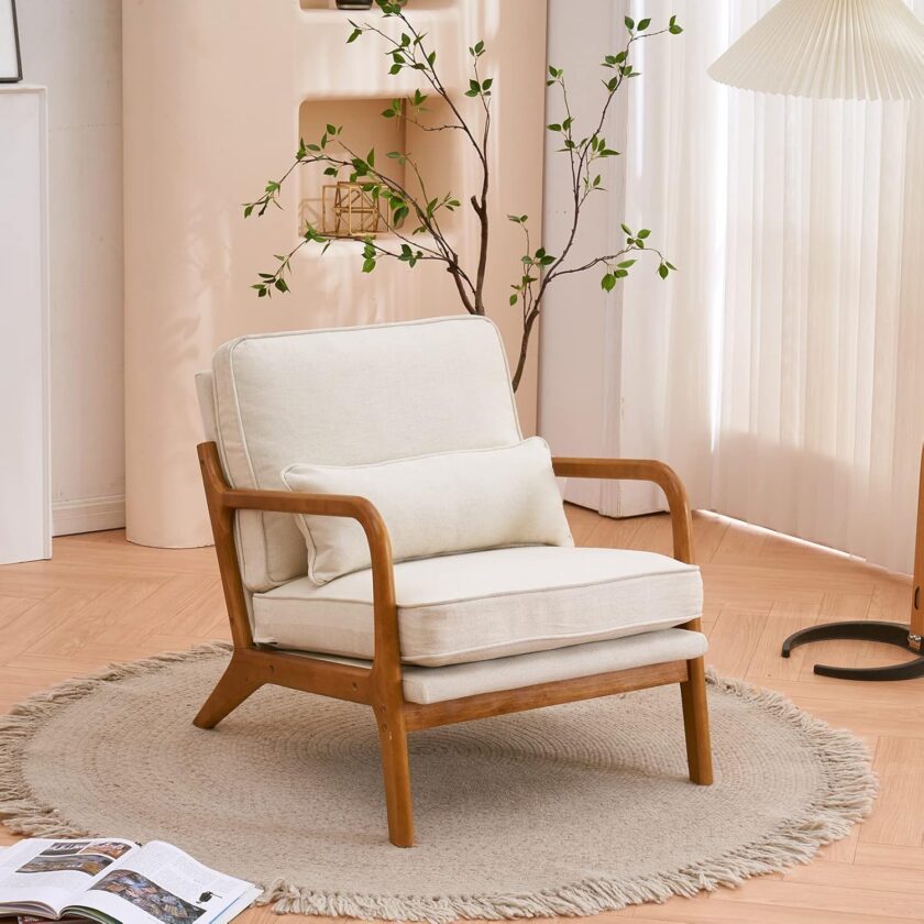 Bonnlo Beige Accent Chairs Set of 2, Upholstered Mid Century Modern Lounge Fabric Chairs Reading Chairs Side Sitting Chair Solid Wood Farmhouse Armchairs for Living Room, Bedroom, Guest Room - Image 11