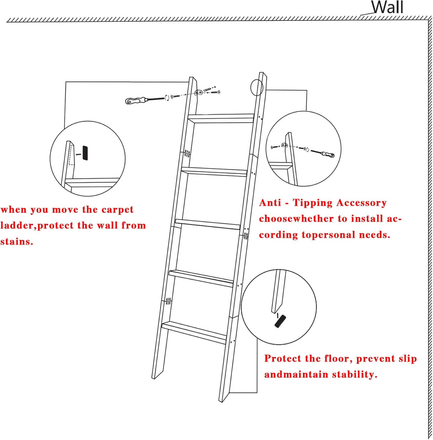 C&AHOME 5-Foot Wall Leaning Blanket Ladder, Wall Leaning Blanket Ladders, Ladder Shelf, Wall Leaning Ladders Bathroom Storage Towel Display Rack Shelf Holder, Rustic Farmhouse, White UBLWLW05W - Image 6