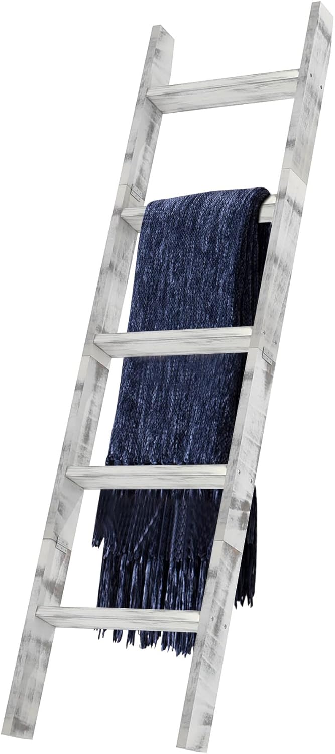 C&AHOME 5-Foot Wall Leaning Blanket Ladder, Wall Leaning Blanket Ladders, Ladder Shelf, Wall Leaning Ladders Bathroom Storage Towel Display Rack Shelf Holder, Rustic Farmhouse, White UBLWLW05W