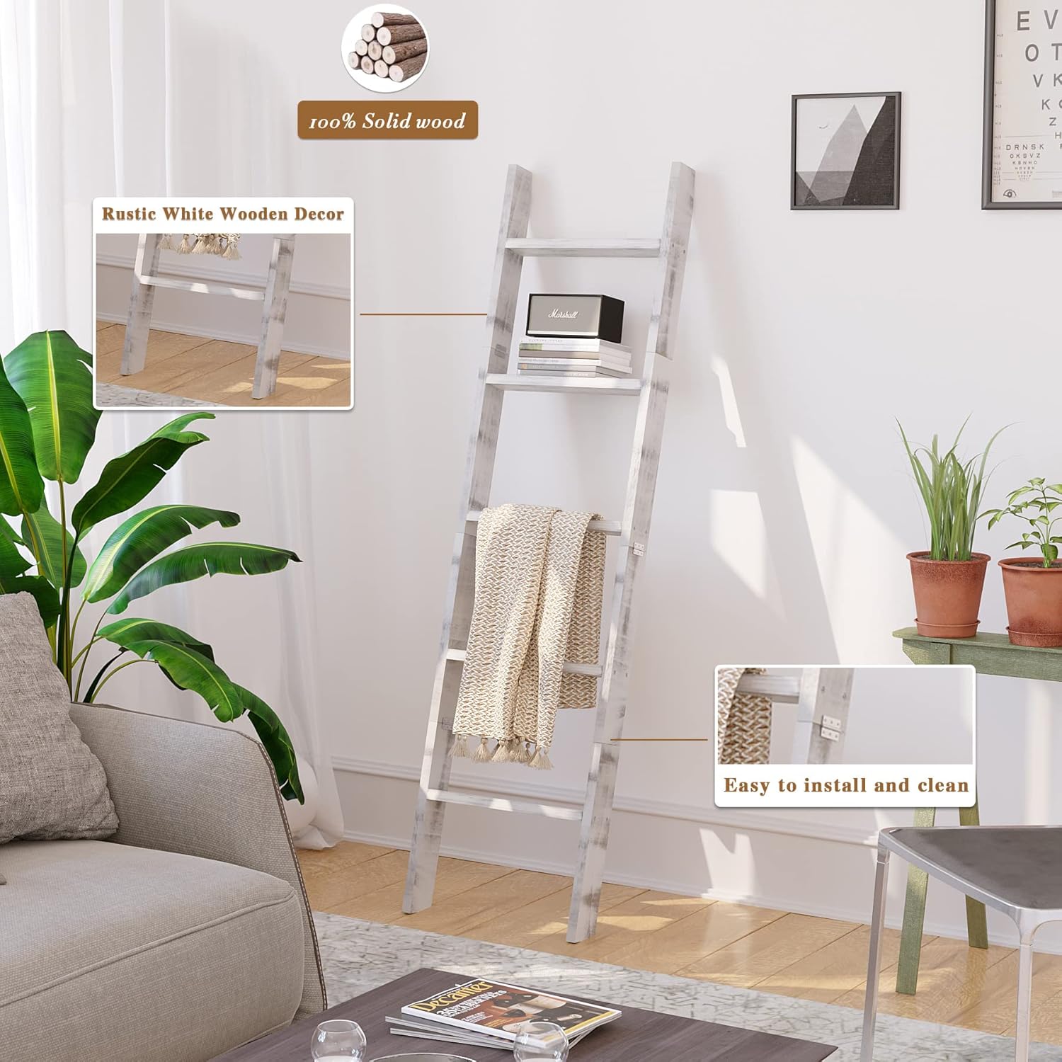 C&AHOME 5-Foot Wall Leaning Blanket Ladder, Wall Leaning Blanket Ladders, Ladder Shelf, Wall Leaning Ladders Bathroom Storage Towel Display Rack Shelf Holder, Rustic Farmhouse, White UBLWLW05W - Image 4