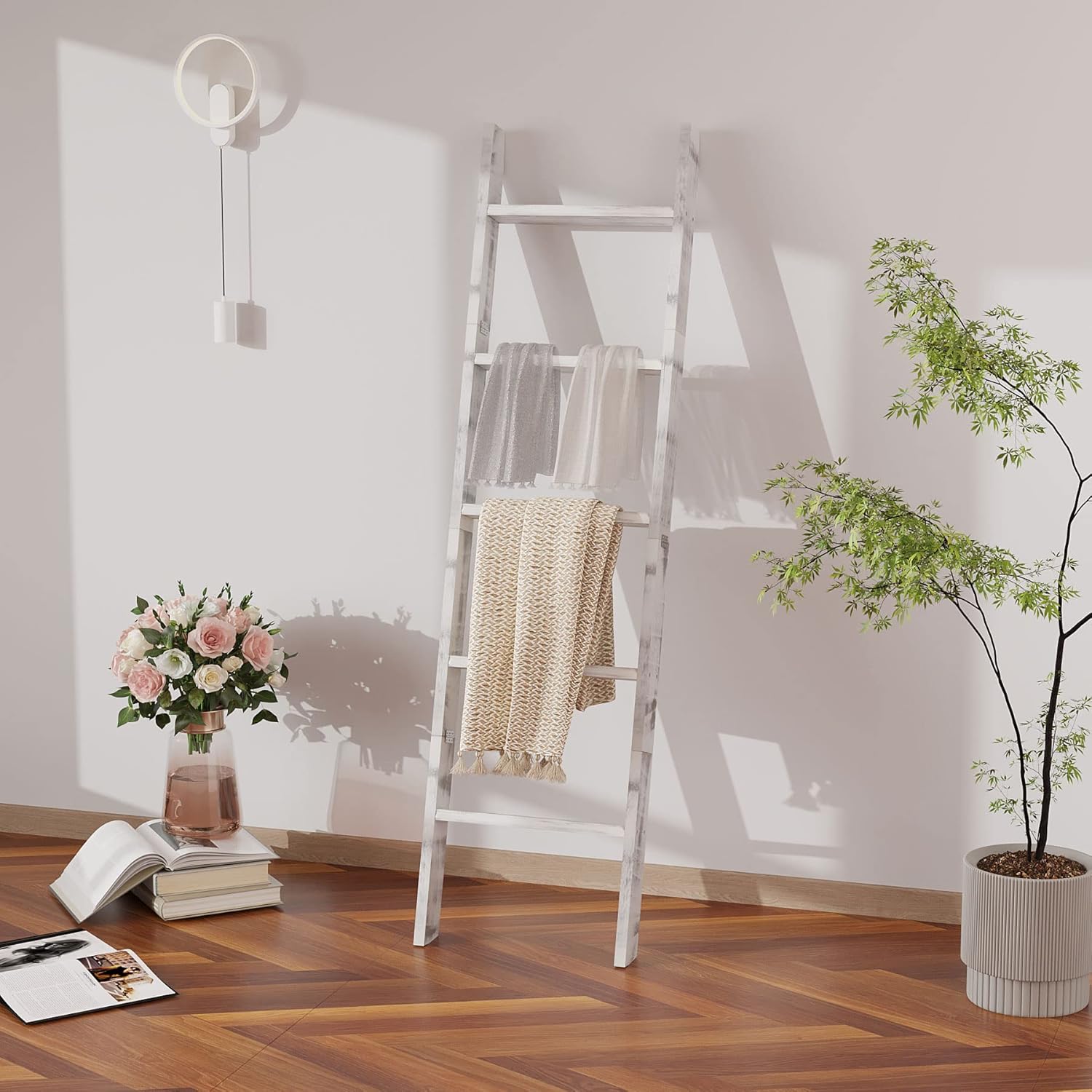 C&AHOME 5-Foot Wall Leaning Blanket Ladder, Wall Leaning Blanket Ladders, Ladder Shelf, Wall Leaning Ladders Bathroom Storage Towel Display Rack Shelf Holder, Rustic Farmhouse, White UBLWLW05W - Image 3