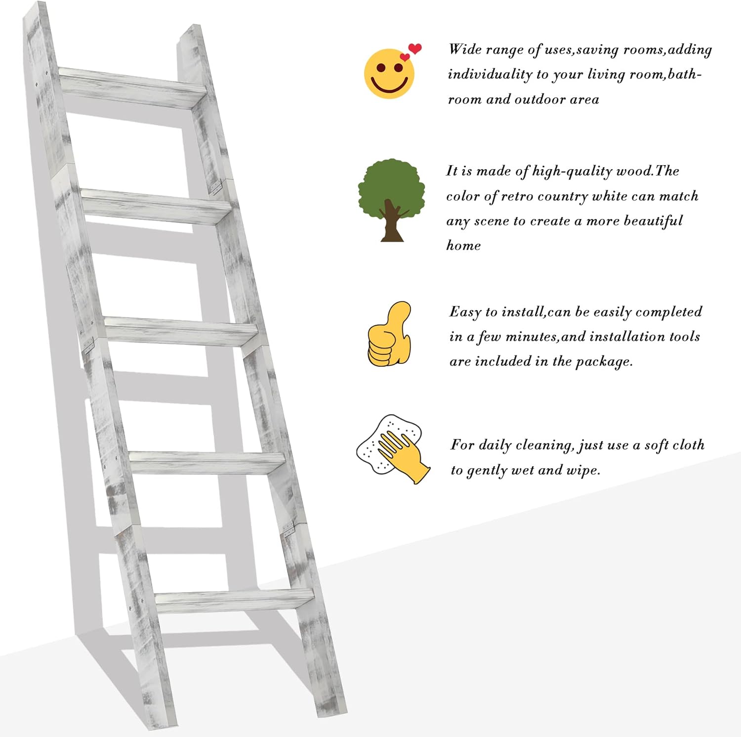 C&AHOME 5-Foot Wall Leaning Blanket Ladder, Wall Leaning Blanket Ladders, Ladder Shelf, Wall Leaning Ladders Bathroom Storage Towel Display Rack Shelf Holder, Rustic Farmhouse, White UBLWLW05W - Image 5