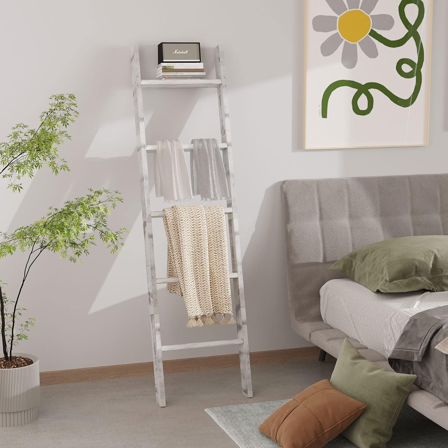 C&AHOME 5-Foot Wall Leaning Blanket Ladder, Wall Leaning Blanket Ladders, Ladder Shelf, Wall Leaning Ladders Bathroom Storage Towel Display Rack Shelf Holder, Rustic Farmhouse, White UBLWLW05W - Image 2