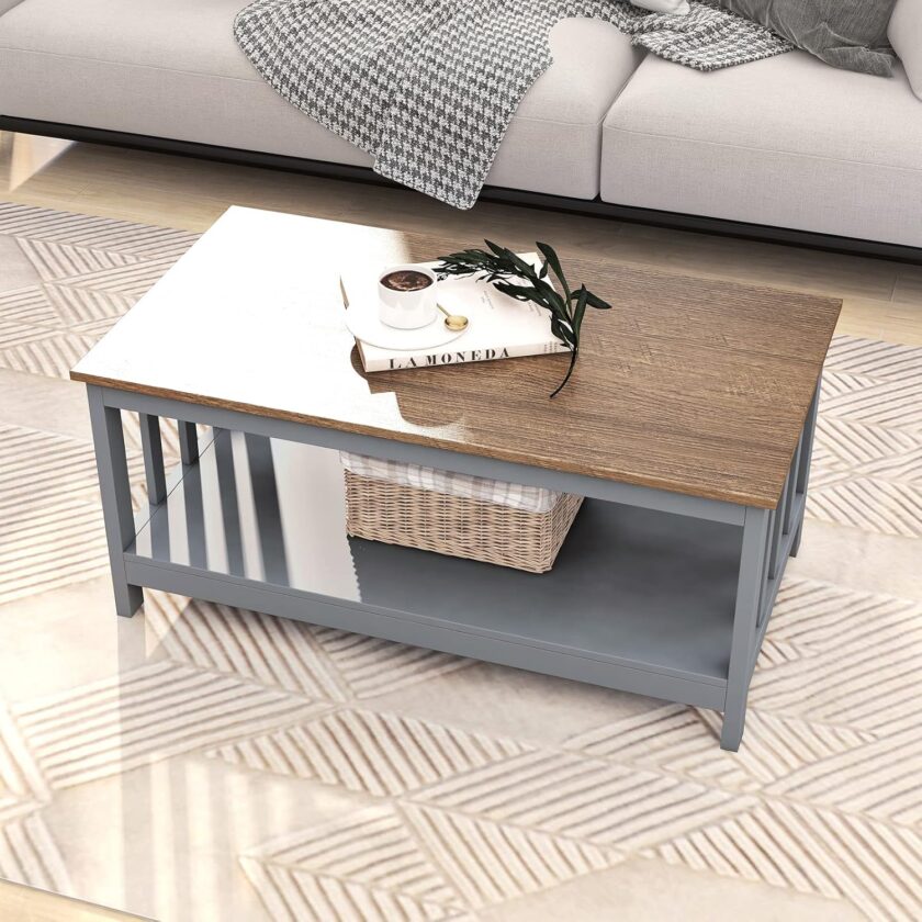 ChooChoo Farmhouse Coffee Table, Grey Living Room Table with Shelf, 40 Inch - Image 4