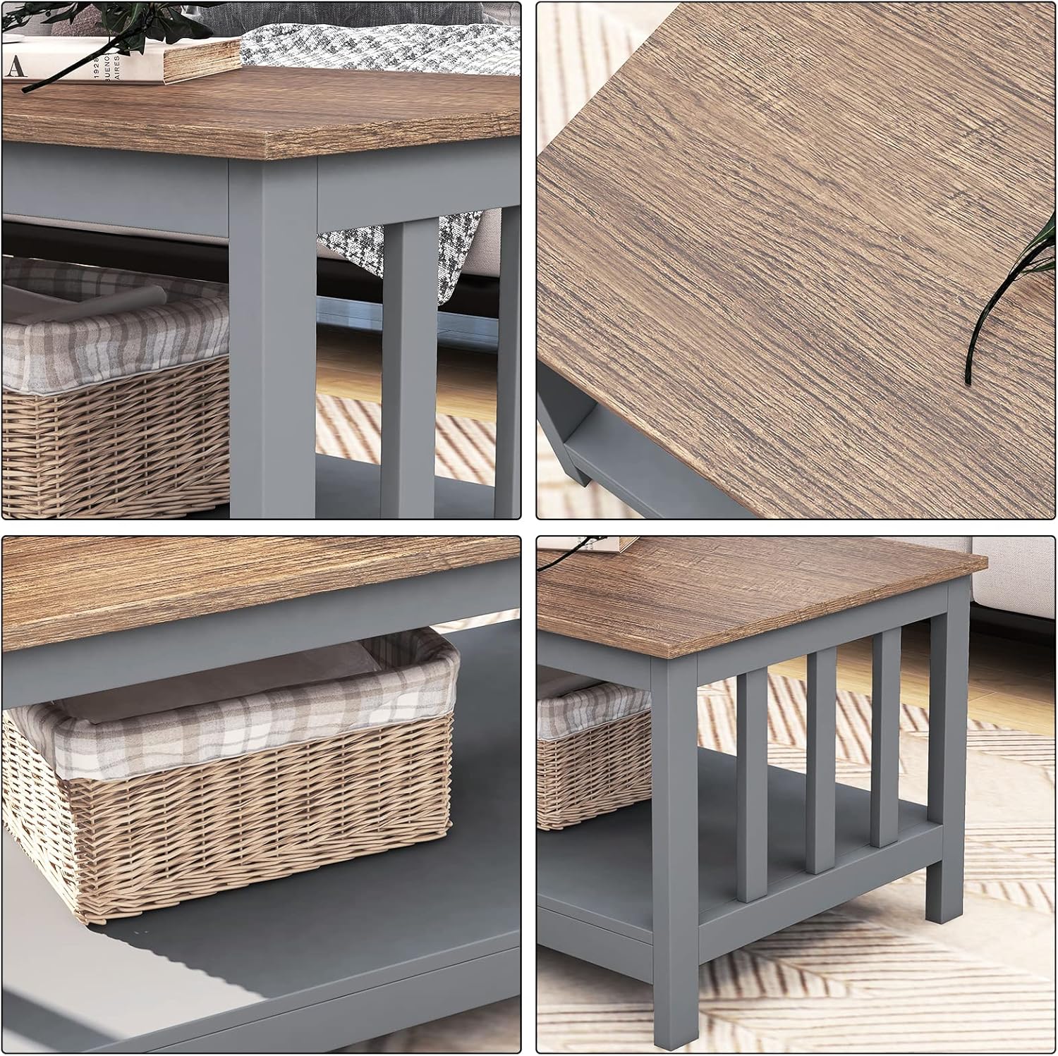 ChooChoo Farmhouse Coffee Table, Grey Living Room Table with Shelf, 40 Inch - Image 5