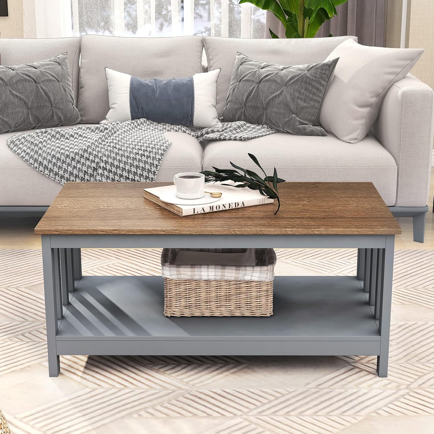 ChooChoo Farmhouse Coffee Table, Grey Living Room Table with Shelf, 40 Inch - Image 6