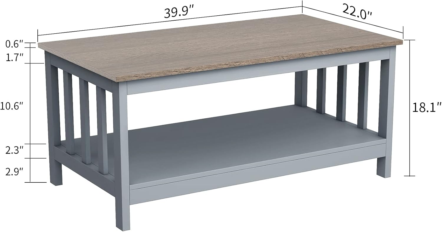 ChooChoo Farmhouse Coffee Table, Grey Living Room Table with Shelf, 40 Inch - Image 2
