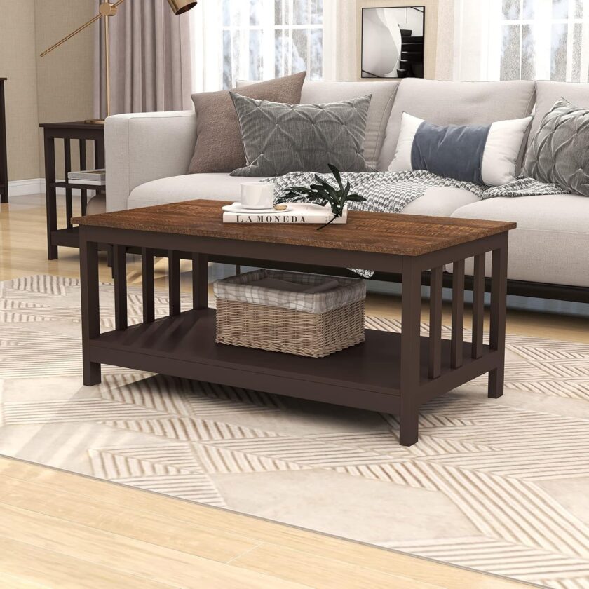 ChooChoo Farmhouse Coffee Table, Grey Living Room Table with Shelf, 40 Inch - Image 8