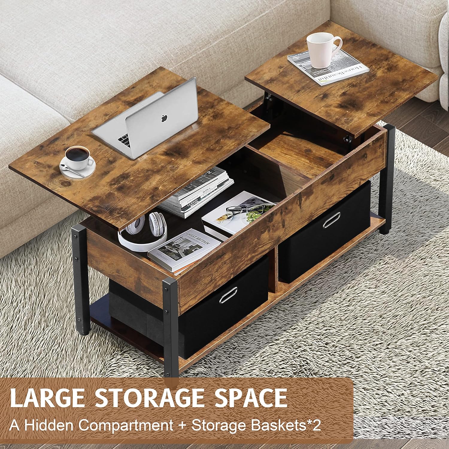 DANSION Coffee Table, Lift Top Coffee Table with Two Foldable Storage Baskets, Two Side Lift Tabletop Central Table for Living Room - Image 5