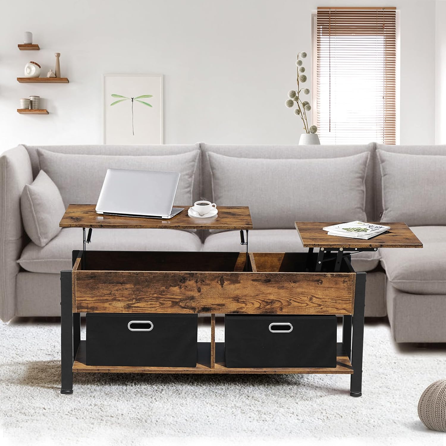 DANSION Coffee Table, Lift Top Coffee Table with Two Foldable Storage Baskets, Two Side Lift Tabletop Central Table for Living Room - Image 2