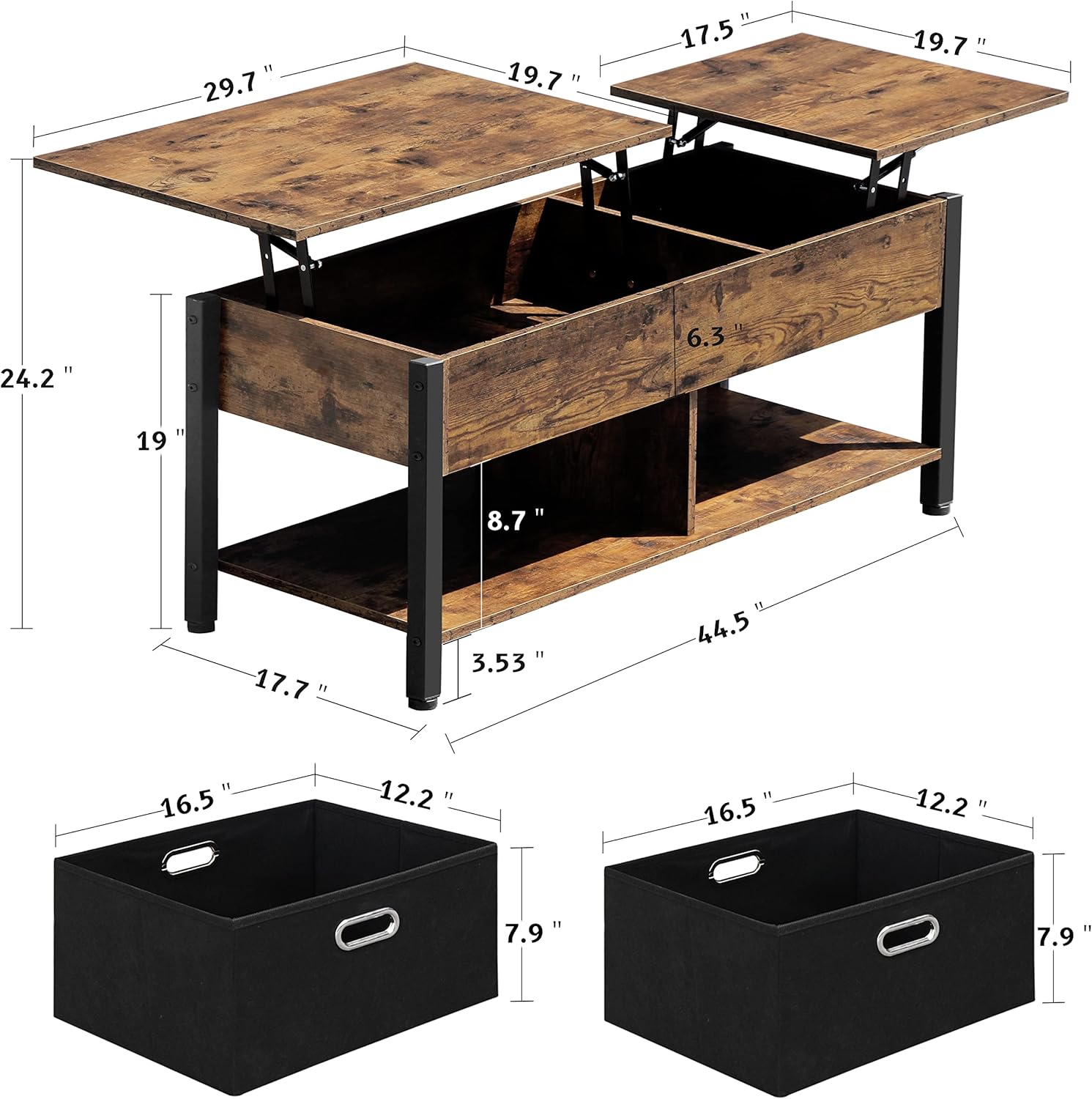 DANSION Coffee Table, Lift Top Coffee Table with Two Foldable Storage Baskets, Two Side Lift Tabletop Central Table for Living Room - Image 3