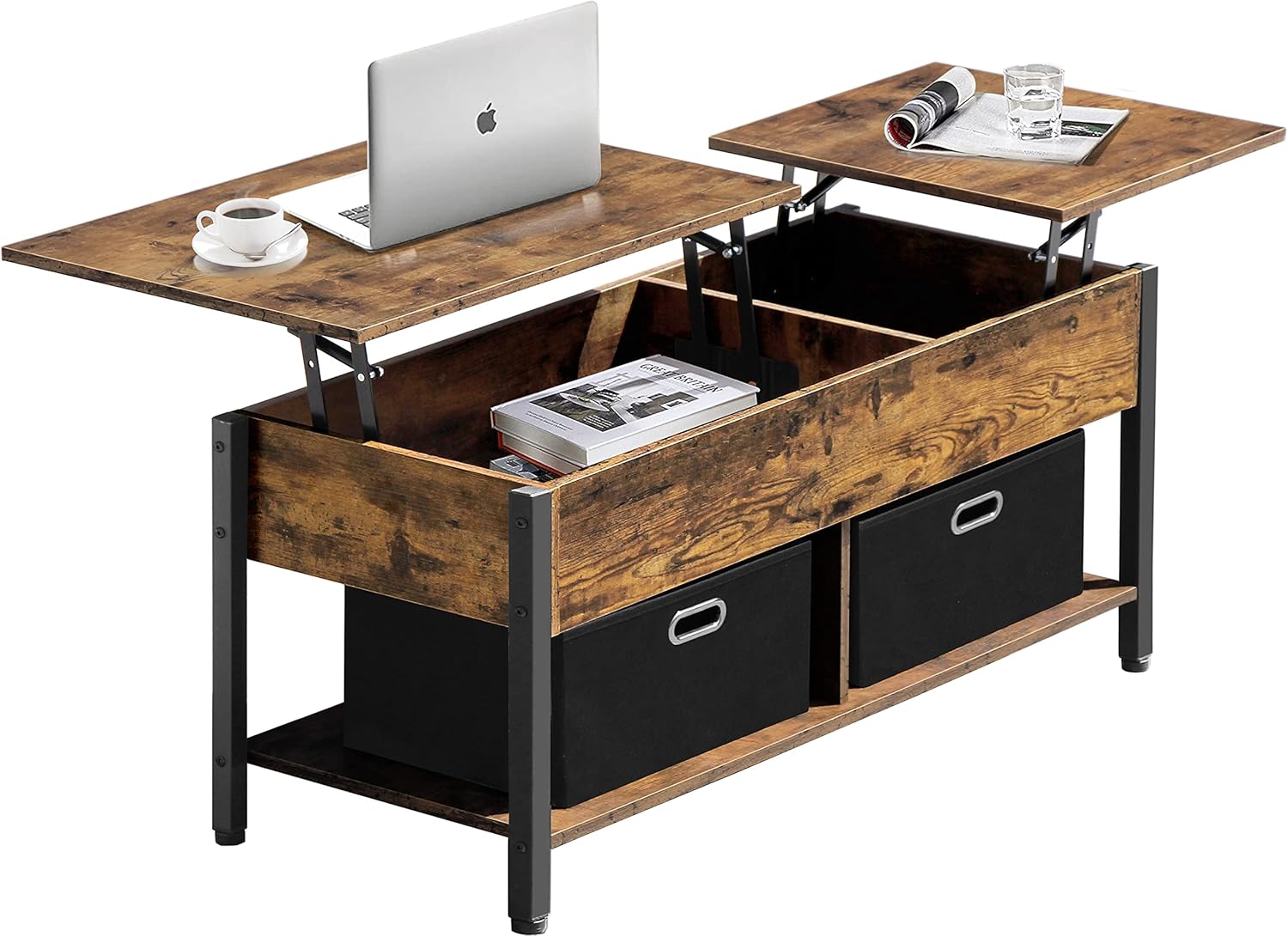 DANSION Coffee Table, Lift Top Coffee Table with Two Foldable Storage Baskets, Two Side Lift Tabletop Central Table for Living Room