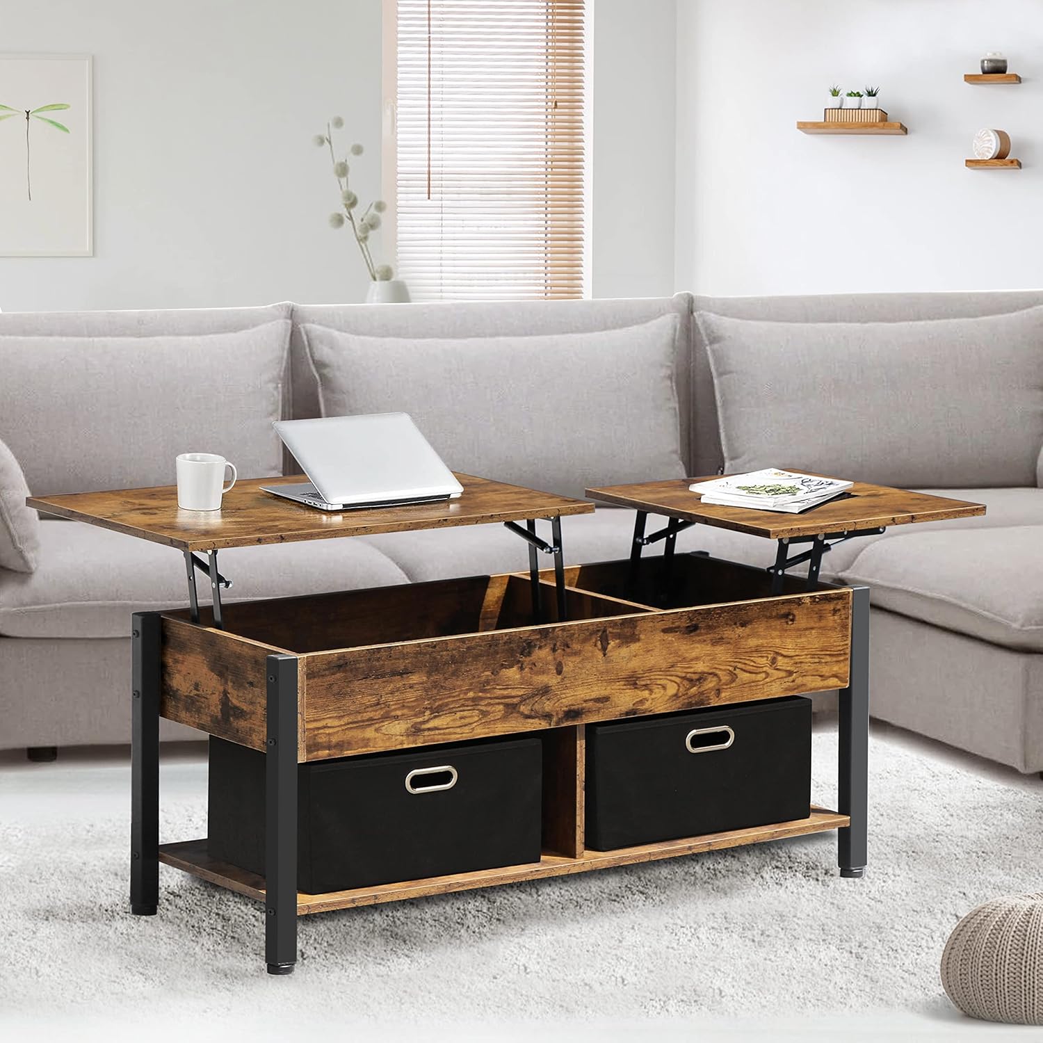 DANSION Coffee Table, Lift Top Coffee Table with Two Foldable Storage Baskets, Two Side Lift Tabletop Central Table for Living Room - Image 6