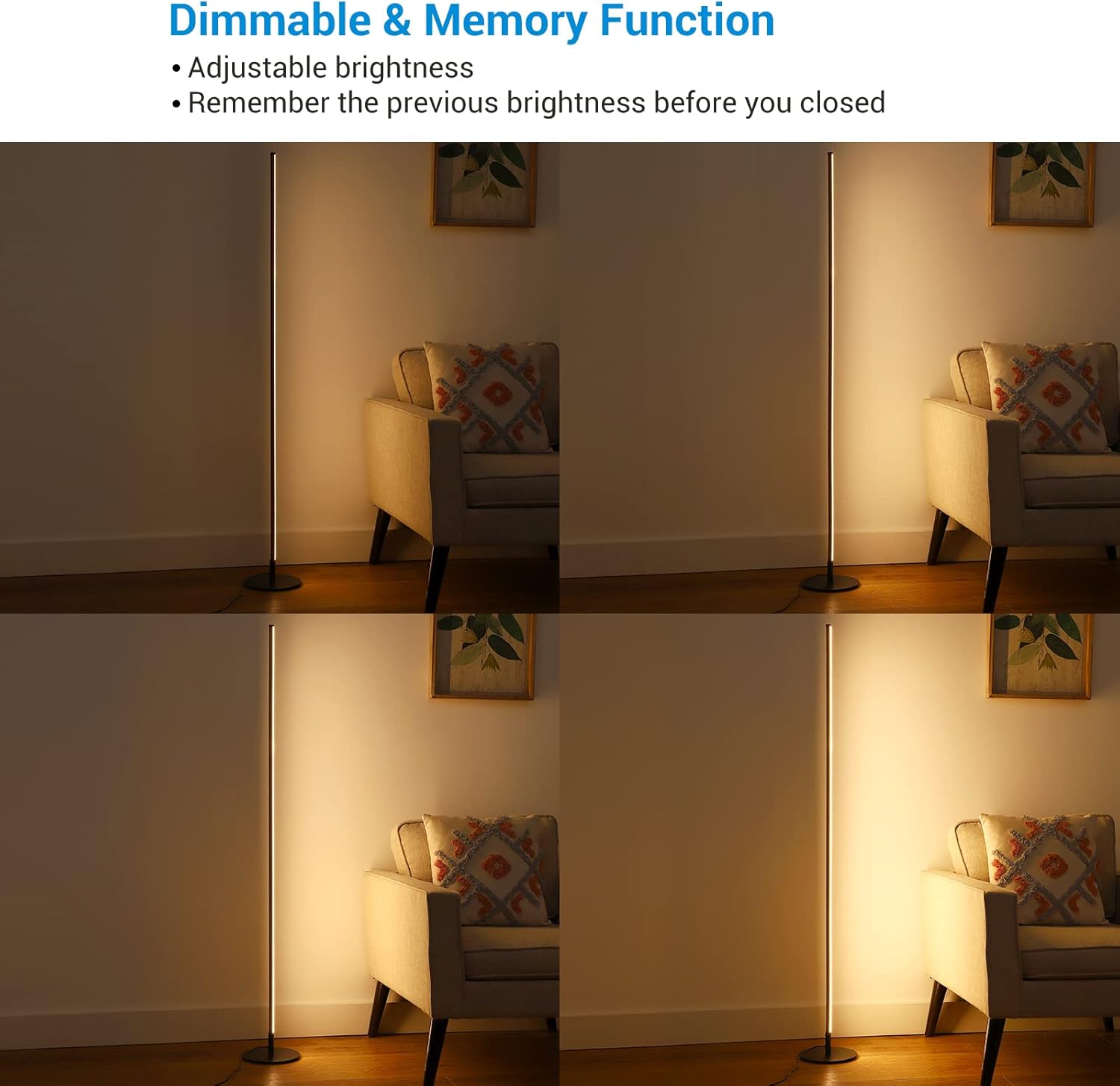 DEWENWILS 57.5" Minimalist LED Corner Floor Lamp, Set of 2 Modern Dimmable Mood Lighting, Standing Tall Floor Lamp for Living Room, Bedroom, Office, 3000K Warm White Light (Black) - Image 2