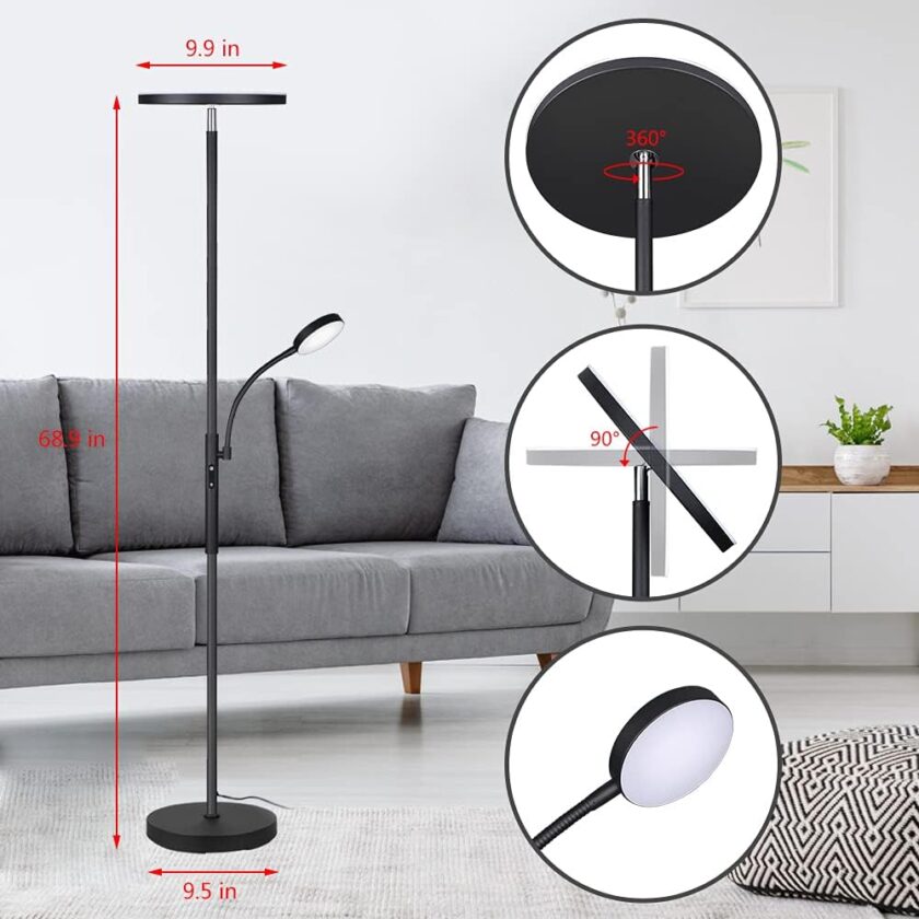 Dimunt Floor Lamp LED Floor Lamps for Living Room Bright Lighting, 27W/2000LM Main Light and 7W/350LM Side Reading Lamp, Adjustable 3 Colors Tall Lamp with Remote & Touch Control - Image 3