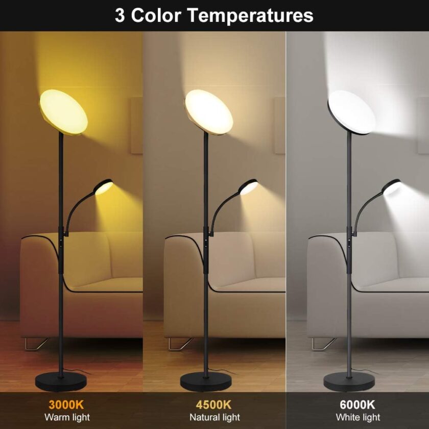 Dimunt Floor Lamp LED Floor Lamps for Living Room Bright Lighting, 27W/2000LM Main Light and 7W/350LM Side Reading Lamp, Adjustable 3 Colors Tall Lamp with Remote & Touch Control - Image 2