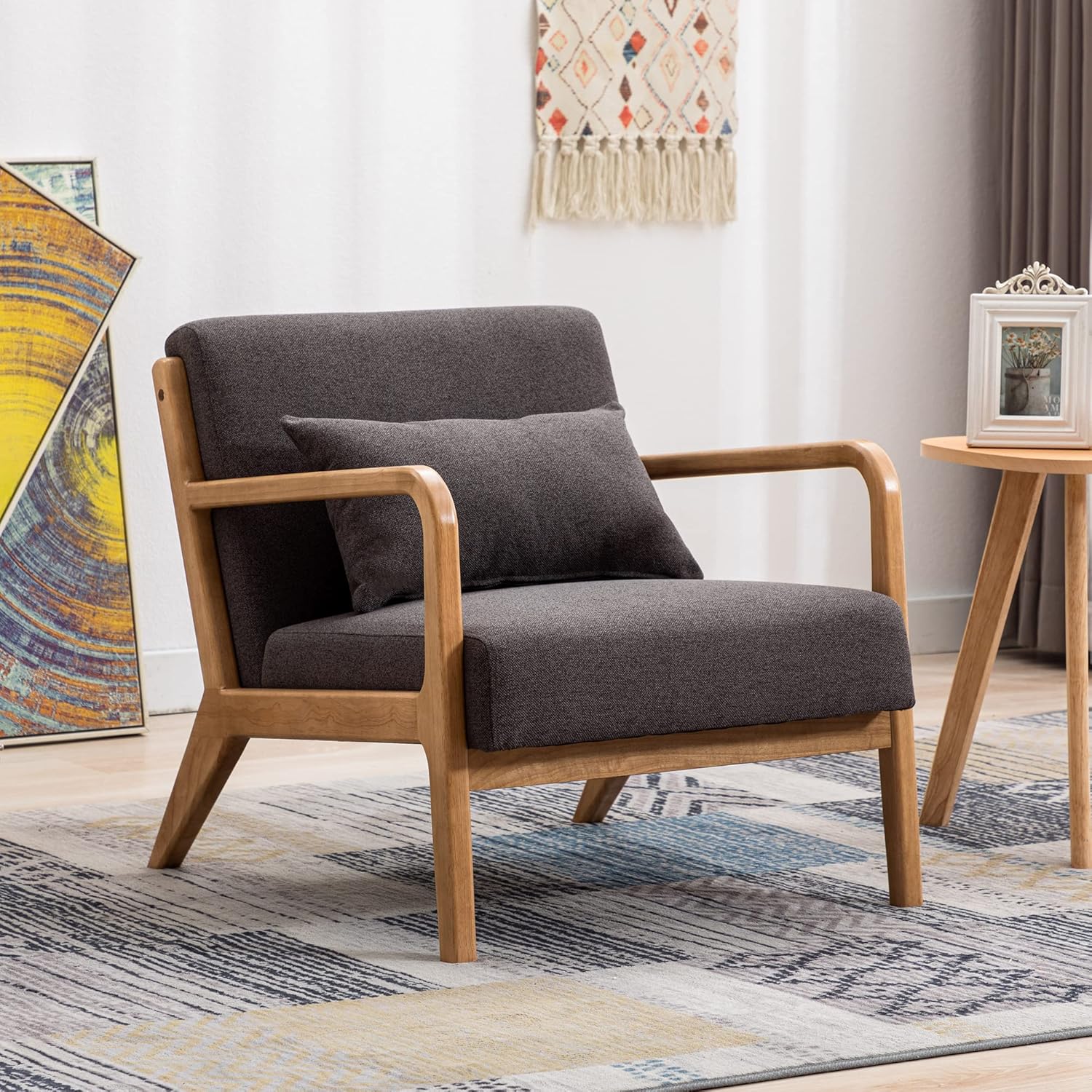 DM Furniture DM-Furniture Leather Accent Chair Midcentury Modern Oak Armchair Upholstered Side Boho Chair for Living Room Bedroom Restaurant, PU Orange, 1 Accent Chair - Image 10