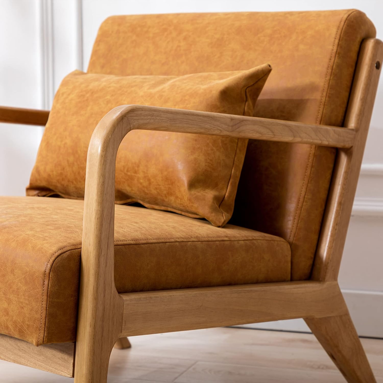 DM Furniture DM-Furniture Leather Accent Chair Midcentury Modern Oak Armchair Upholstered Side Boho Chair for Living Room Bedroom Restaurant, PU Orange, 1 Accent Chair - Image 5