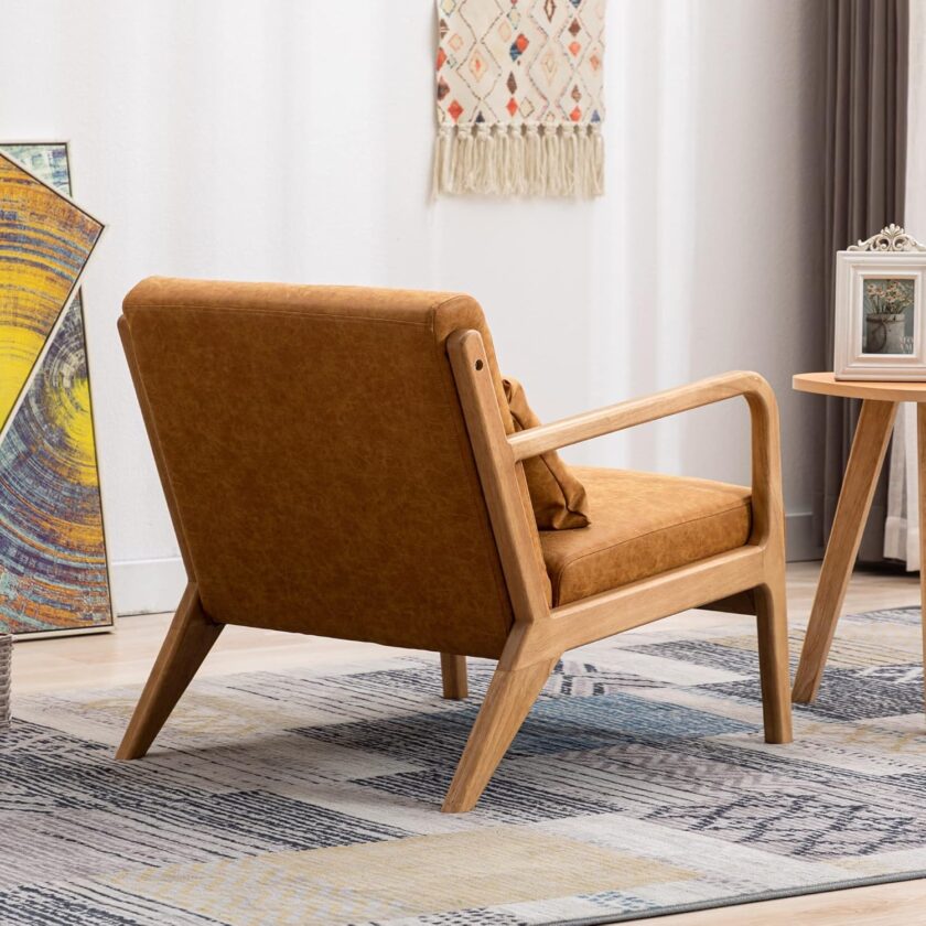 DM Furniture DM-Furniture Leather Accent Chair Midcentury Modern Oak Armchair Upholstered Side Boho Chair for Living Room Bedroom Restaurant, PU Orange, 1 Accent Chair - Image 4