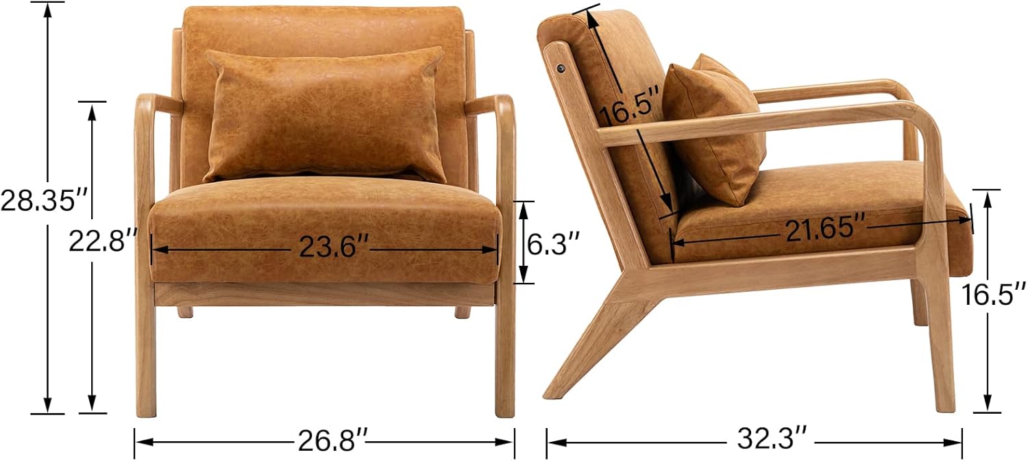DM Furniture DM-Furniture Leather Accent Chair Midcentury Modern Oak Armchair Upholstered Side Boho Chair for Living Room Bedroom Restaurant, PU Orange, 1 Accent Chair - Image 2