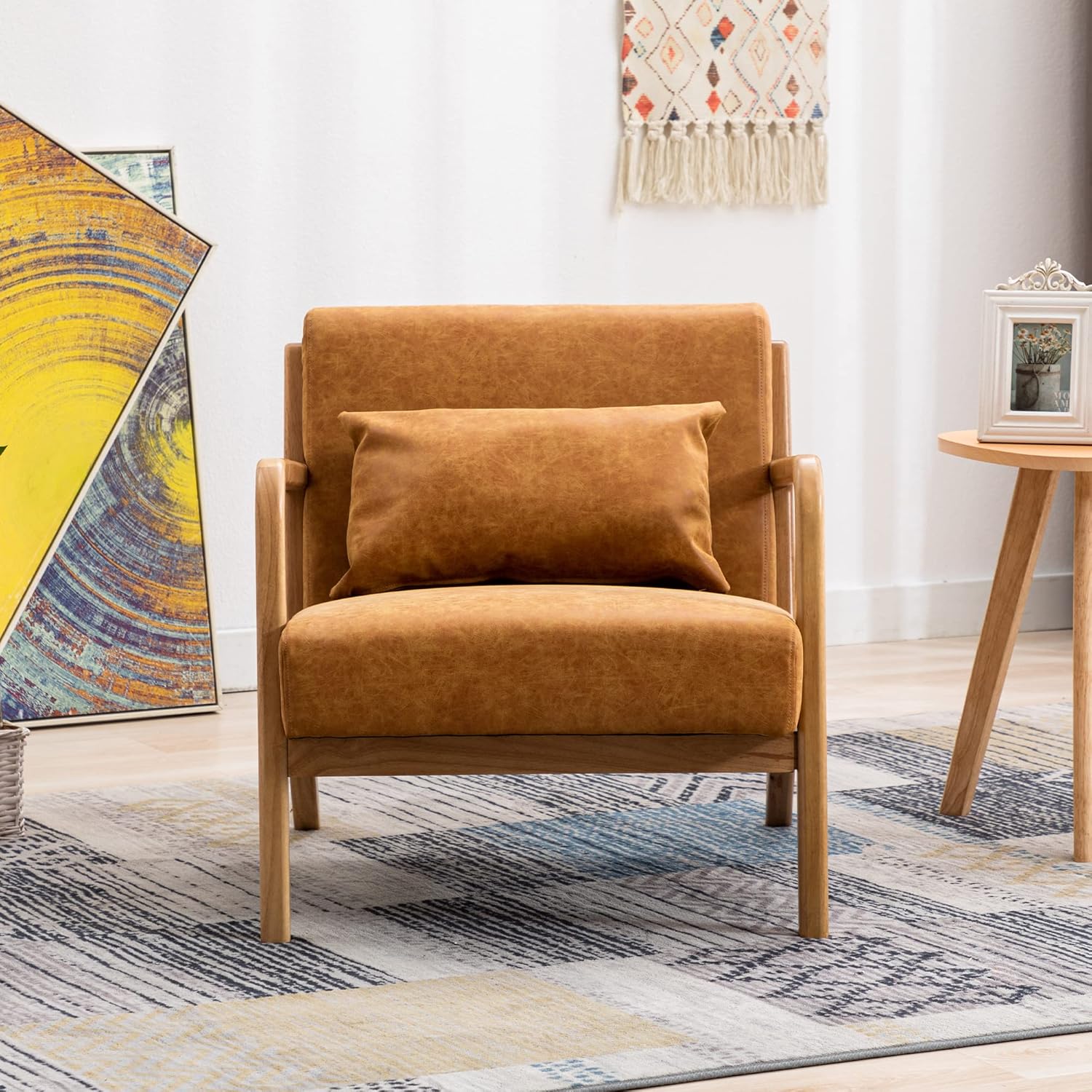 DM Furniture DM-Furniture Leather Accent Chair Midcentury Modern Oak Armchair Upholstered Side Boho Chair for Living Room Bedroom Restaurant, PU Orange, 1 Accent Chair - Image 3