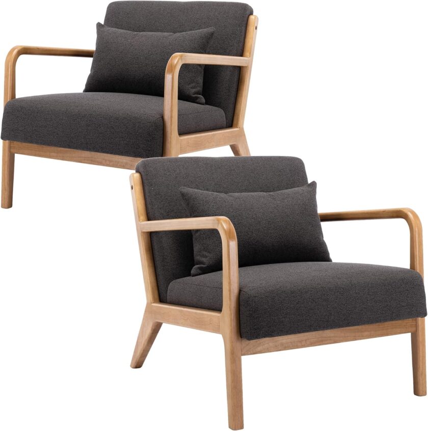 DM Furniture DM-Furniture Leather Accent Chair Midcentury Modern Oak Armchair Upholstered Side Boho Chair for Living Room Bedroom Restaurant, PU Orange, 1 Accent Chair - Image 7