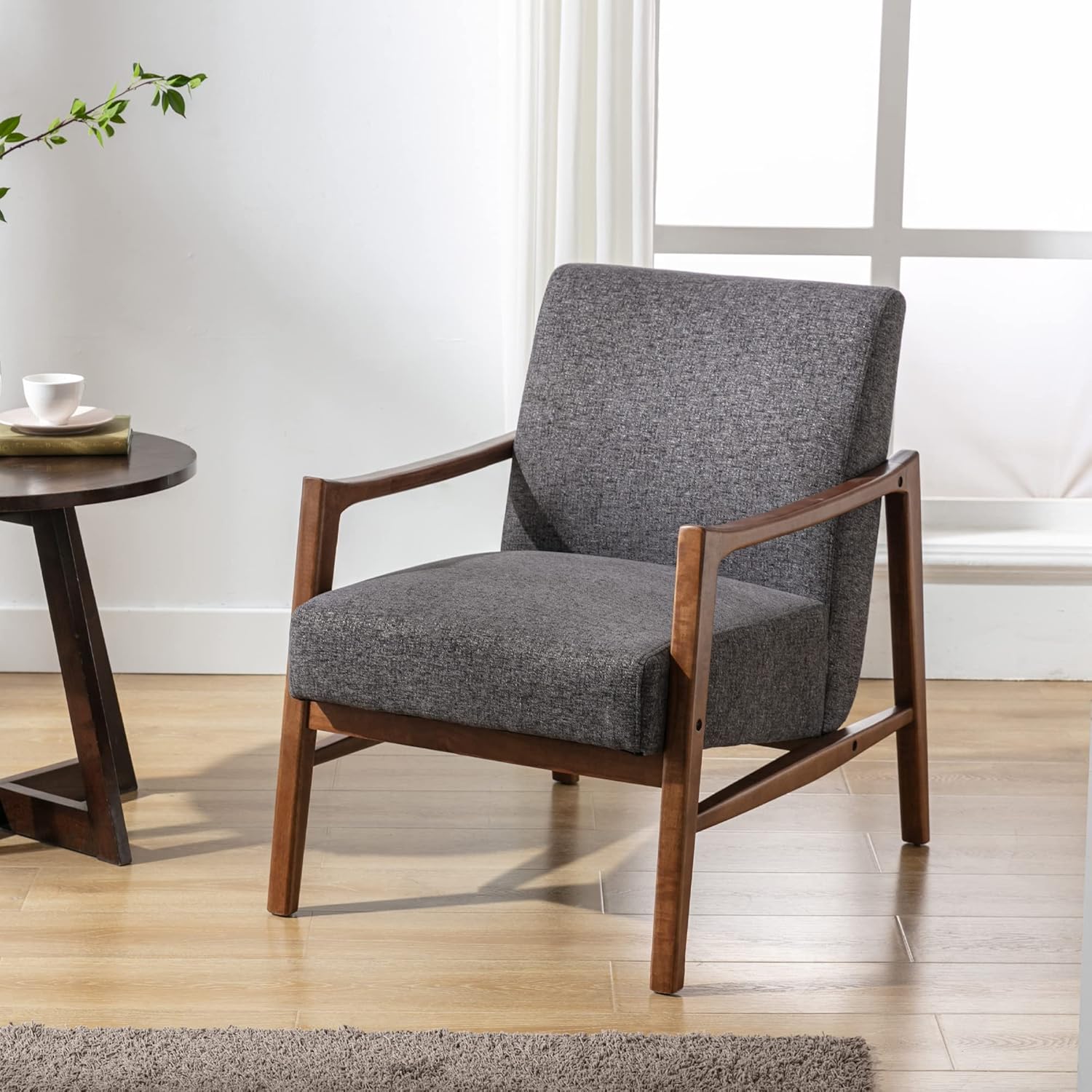 DM Furniture DM-Furniture Leather Accent Chair Midcentury Modern Oak Armchair Upholstered Side Boho Chair for Living Room Bedroom Restaurant, PU Orange, 1 Accent Chair - Image 9